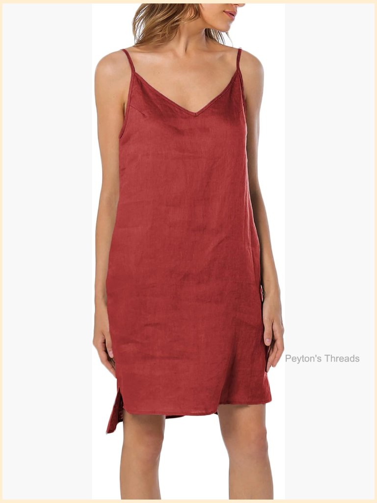 100% Linen V Neck Spaghetti Strap Sleeveless Shift Dress With Slit